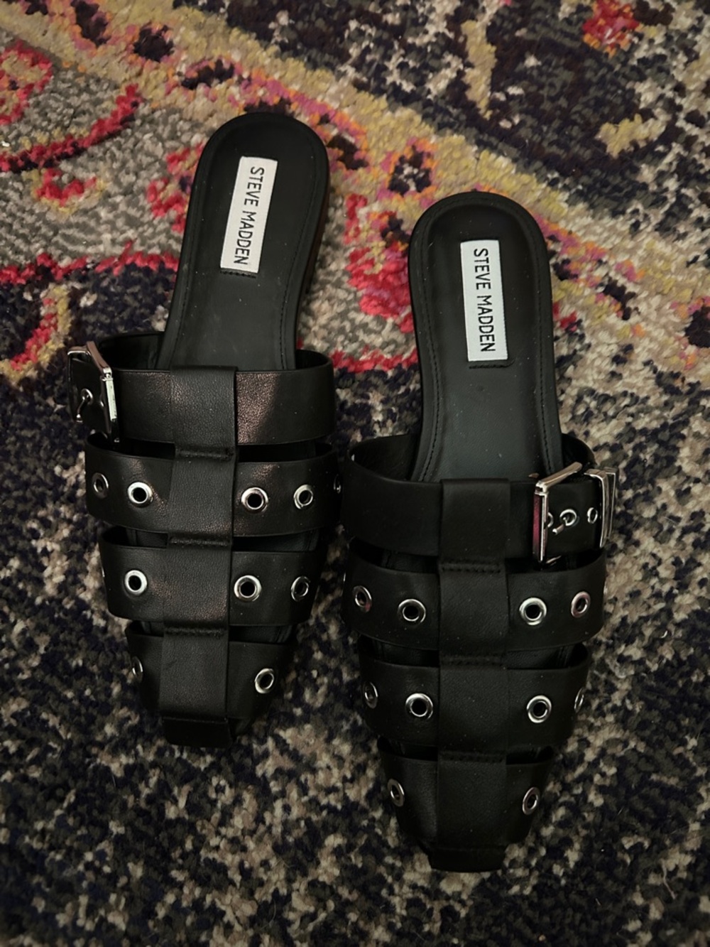 Steve Madden Black Grommet Buckle Slip-On Mules